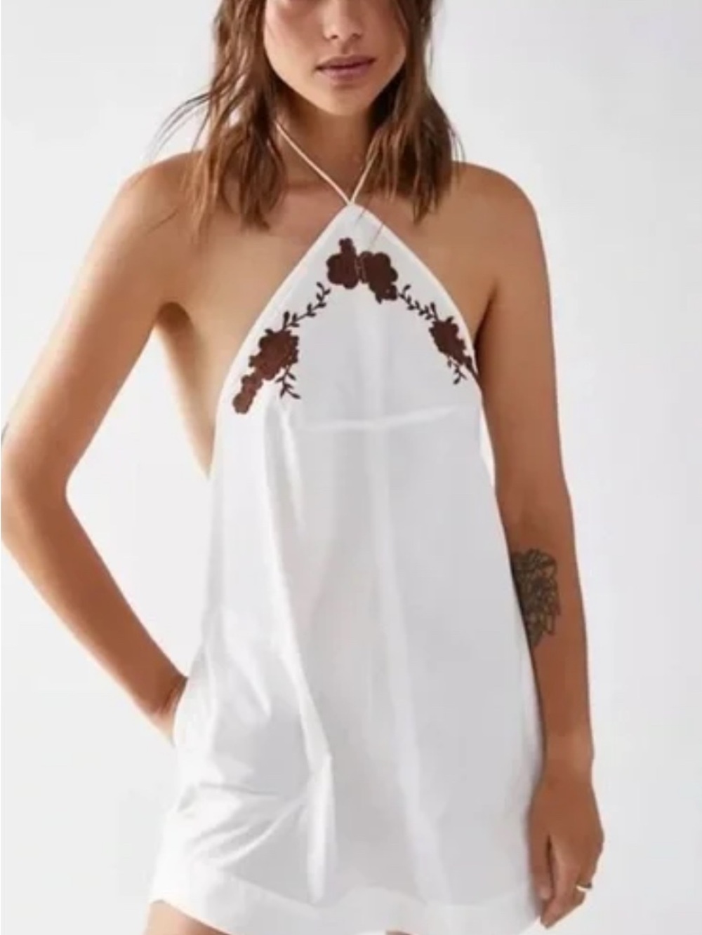 Free People Mia Tunic White Halter Dress with Brown Floral Embroidery’s M